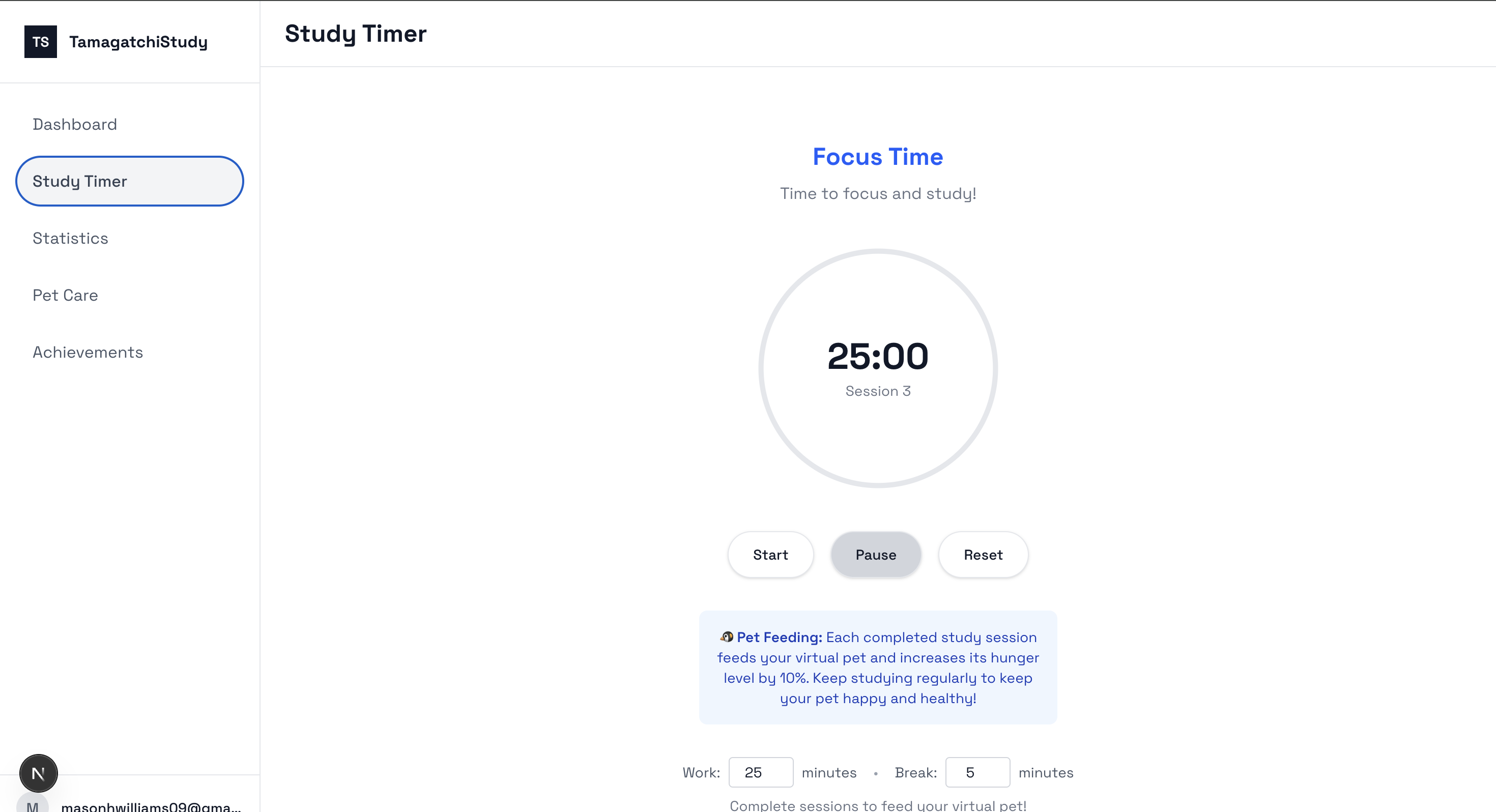 StudyOrStarve App Interface