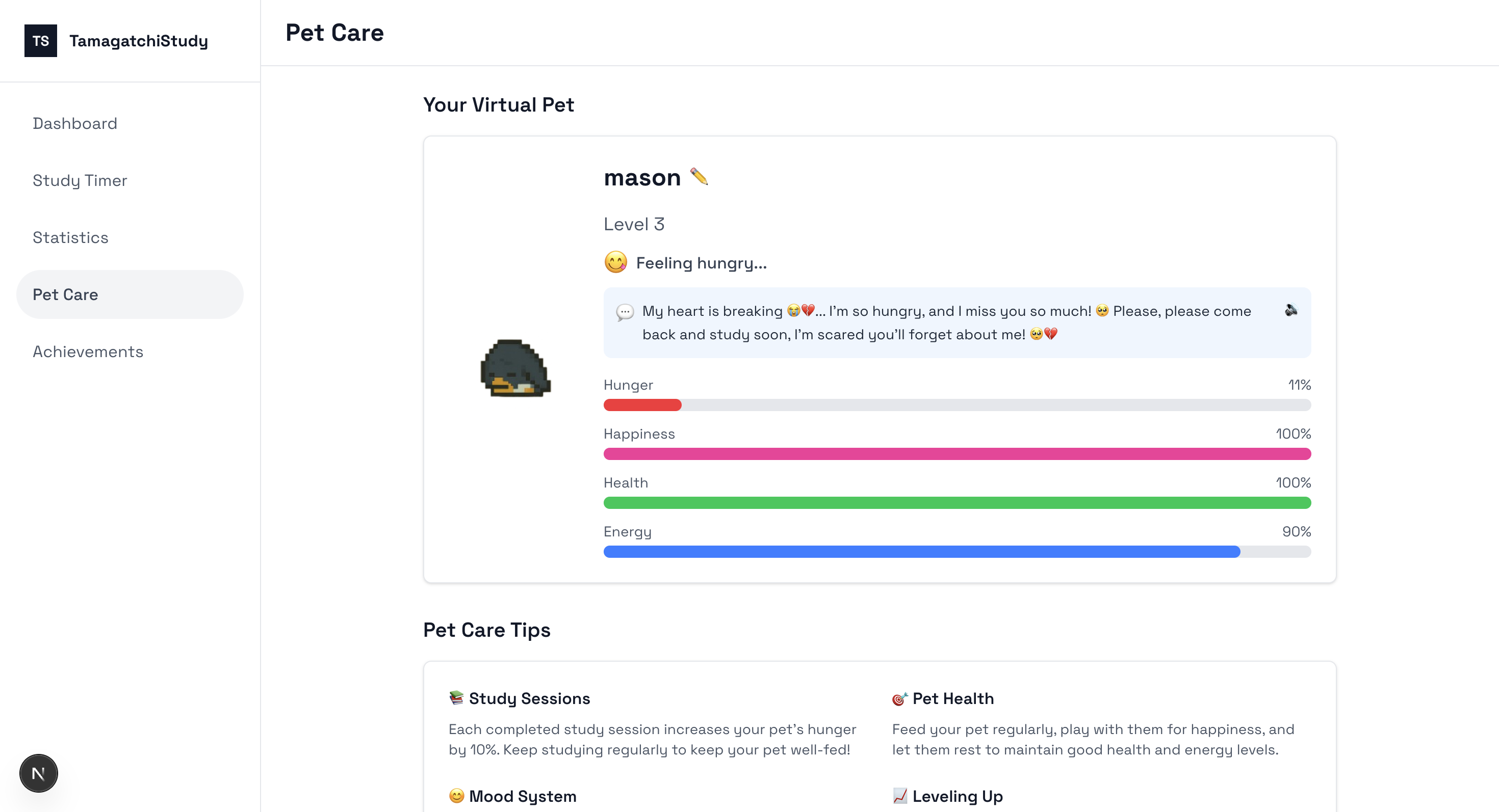 StudyOrStarve Pet Interface